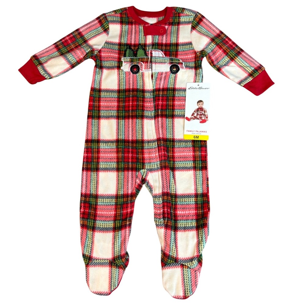 Eddie Bauer Pajamas Baby 6M Family Pajamas Red Plaid Truck Fleece NEW